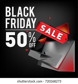 Black friday sale poster. 3d geometric poster design template for promotion. Glossy metal material style.
