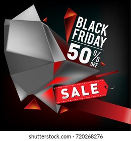 Black friday sale poster. 3d geometric poster design template for promotion. Glossy metal material style.
