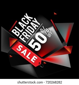 Black friday sale poster. 3d geometric poster design template for promotion. Glossy metal material style.
