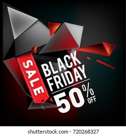 Black friday sale poster. 3d geometric poster design template for promotion. Glossy metal material style.
