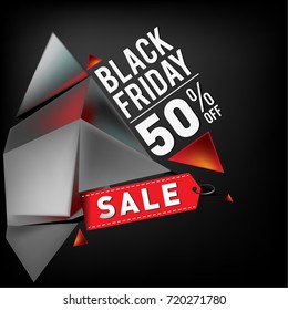 Black friday sale poster. 3d geometric poster design template for promotion. Glossy metal material style.
