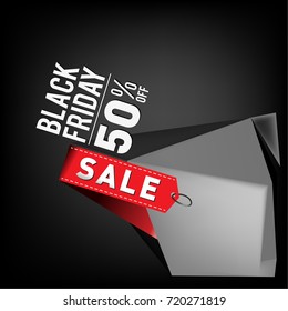 Black friday sale poster. 3d geometric poster design template for promotion. Glossy metal material style.
