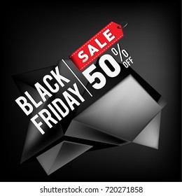 Black friday sale poster. 3d geometric poster design template for promotion. Glossy metal material style.
