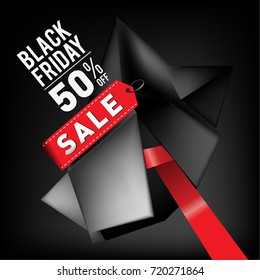 Black friday sale poster. 3d geometric poster design template for promotion. Glossy metal material style.
