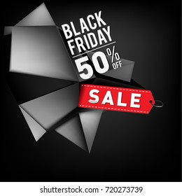 Black friday sale poster. 3d geometric poster design template for promotion. Glossy metal material style.