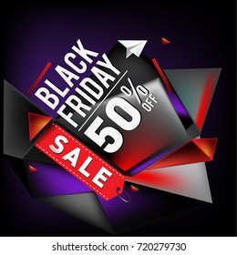 Black friday sale poster. 3d geometric poster design template for promotion. Glossy metal material style.