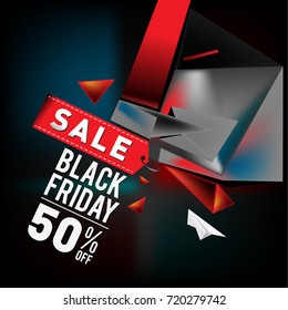 Black friday sale poster. 3d geometric poster design template for promotion. Glossy metal material style.