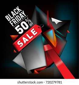 Black friday sale poster. 3d geometric poster design template for promotion. Glossy metal material style.