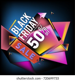 Black friday sale poster. 3d colorful geometric poster design template for promotion. Glossy metal and plastic material style.