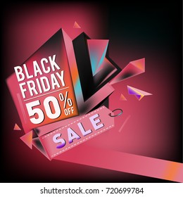 Black friday sale poster. 3d colorful geometric poster design template for promotion. Glossy metal and plastic material style.