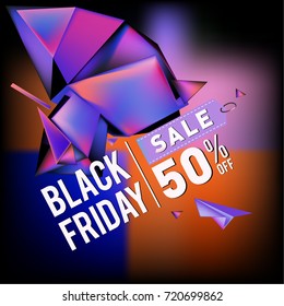 Black friday sale poster. 3d colorful geometric poster design template for promotion. Glossy metal and plastic material style.