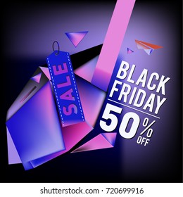 Black friday sale poster. 3d colorful geometric poster design template for promotion. Glossy metal and plastic material style.