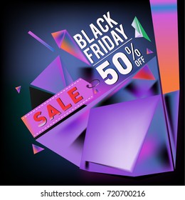 Black friday sale poster. 3d colorful geometric poster design template for promotion. Glossy metal and plastic material style.