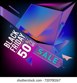 Black friday sale poster. 3d colorful geometric poster design template for promotion. Glossy metal and plastic material style.