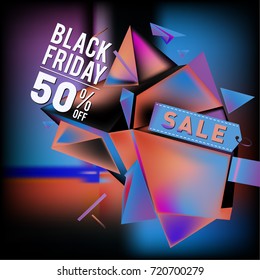 Black friday sale poster. 3d colorful geometric poster design template for promotion. Glossy metal and plastic material style.