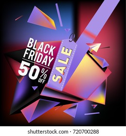 Black friday sale poster. 3d colorful geometric poster design template for promotion. Glossy metal and plastic material style.