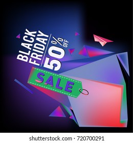 Black friday sale poster. 3d colorful geometric poster design template for promotion. Glossy metal and plastic material style.