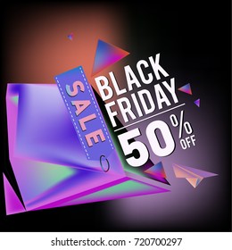 Black friday sale poster. 3d colorful geometric poster design template for promotion. Glossy metal and plastic material style.