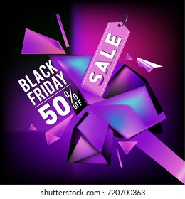 Black friday sale poster. 3d colorful geometric poster design template for promotion. Glossy metal and plastic material style.