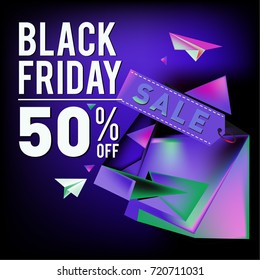 Black friday sale poster. 3d colorful geometric poster design template for promotion. Glossy metal and plastic material style.
