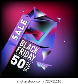 Black friday sale poster. 3d colorful geometric poster design template for promotion. Glossy metal and plastic material style.