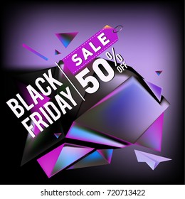 Black friday sale poster. 3d colorful geometric poster design template for promotion. Glossy metal and plastic material style.