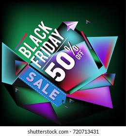 Black friday sale poster. 3d colorful geometric poster design template for promotion. Glossy metal and plastic material style.