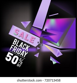 Black friday sale poster. 3d colorful geometric poster design template for promotion. Glossy metal and plastic material style.