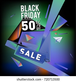 Black friday sale poster. 3d colorful geometric poster design template for promotion. Glossy metal and plastic material style.