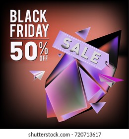 Black friday sale poster. 3d colorful geometric poster design template for promotion. Glossy metal and plastic material style.