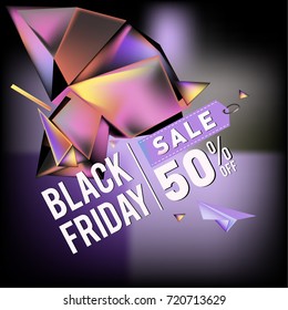 Black friday sale poster. 3d colorful geometric poster design template for promotion. Glossy metal and plastic material style.