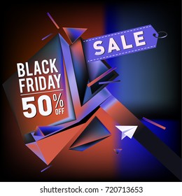 Black friday sale poster. 3d colorful geometric poster design template for promotion. Glossy metal and plastic material style.