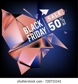 Black friday sale poster. 3d colorful geometric poster design template for promotion. Glossy metal and plastic material style.