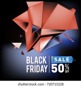 Black friday sale poster. 3d colorful geometric poster design template for promotion. Glossy metal and plastic material style.