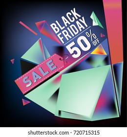 Black friday sale poster. 3d colorful geometric poster design template for promotion. Glossy metal and plastic material style.