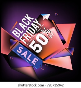 Black friday sale poster. 3d colorful geometric poster design template for promotion. Glossy metal and plastic material style.