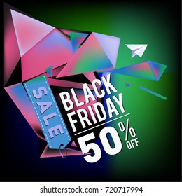 Black friday sale poster. 3d colorful geometric poster design template for promotion. Glossy metal and plastic material style.