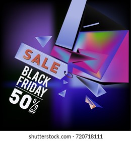 Black friday sale poster. 3d colorful geometric poster design template for promotion. Glossy metal and plastic material style.