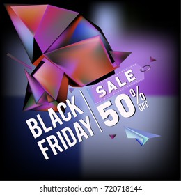 Black friday sale poster. 3d colorful geometric poster design template for promotion. Glossy metal and plastic material style.