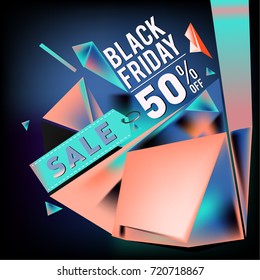 Black friday sale poster. 3d colorful geometric poster design template for promotion. Glossy metal and plastic material style.