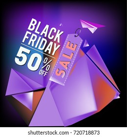 Black friday sale poster. 3d colorful geometric poster design template for promotion. Glossy metal and plastic material style.