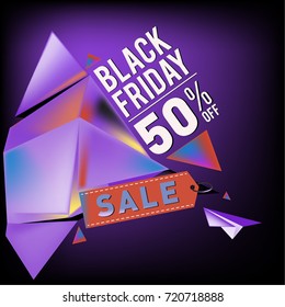 Black friday sale poster. 3d colorful geometric poster design template for promotion. Glossy metal and plastic material style.