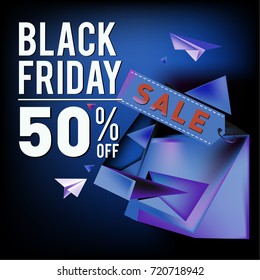 Black friday sale poster. 3d colorful geometric poster design template for promotion. Glossy metal and plastic material style.