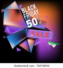 Black friday sale poster. 3d colorful geometric poster design template for promotion. Glossy metal and plastic material style.