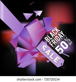 Black friday sale poster. 3d colorful geometric poster design template for promotion. Glossy metal and plastic material style.