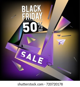 Black friday sale poster. 3d colorful geometric poster design template for promotion. Glossy metal and plastic material style.