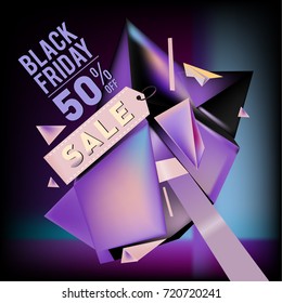 Black friday sale poster. 3d colorful geometric poster design template for promotion. Glossy metal and plastic material style.