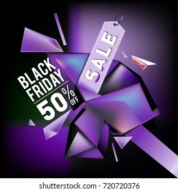 Black friday sale poster. 3d colorful geometric poster design template for promotion. Glossy metal and plastic material style.