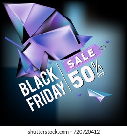 Black friday sale poster. 3d colorful geometric poster design template for promotion. Glossy metal and plastic material style.
