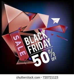 Black friday sale poster. 3d colorful geometric poster design template for promotion. Glossy metal and plastic material style.